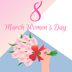 cute card, banner, poster for the holiday of women's day on March 8, vector illustration, female hand with bouquet of tulips. Happy Mother's Day. Background. Wallpaper. EPS10 vector.