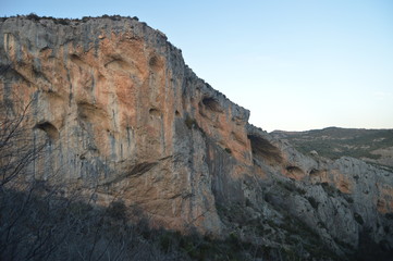Beautiful Caves Excavated In The Mountain In Alquezar. Landscapes, Nature, History, Architecture. December 28, 2014. Alquezar, Huesca, Aragon, Spain