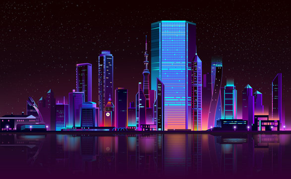 Modern metropolis night landscape in fluorescent, neon colors cartoon vector with illuminated futuristic architecture skyscrapers buildings on city bay shore illustration. Urban cyberpunk background