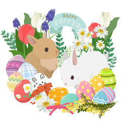 Happy Easter icons set with decorated eggs, rabbit, flower and plant