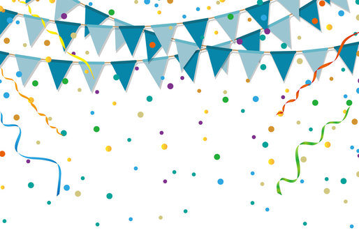 Blue party flags with colorful confetti and streamer on white background. Birthday and festive event.