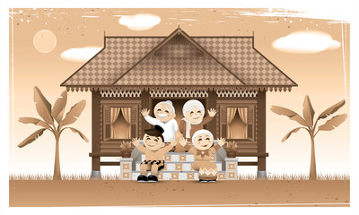 A happy Muslim family and their home town in rural area. Artwork presented with nostalgia effect. Vector.