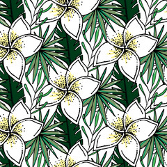 Beach cheerful pattern wallpaper of tropical dark green leaves of palm trees and flowers bird of paradise strelitzia plumeria on a light yellow background