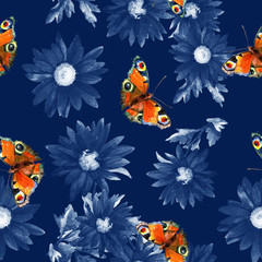 Fototapeta na wymiar Seamless pattern of butterflies on the background of flowers painted in watercolor.