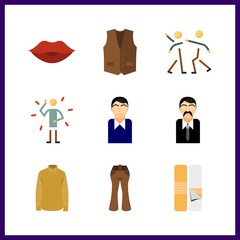9 adult icon. Vector illustration adult set. court plaster and male teacher icons for adult works