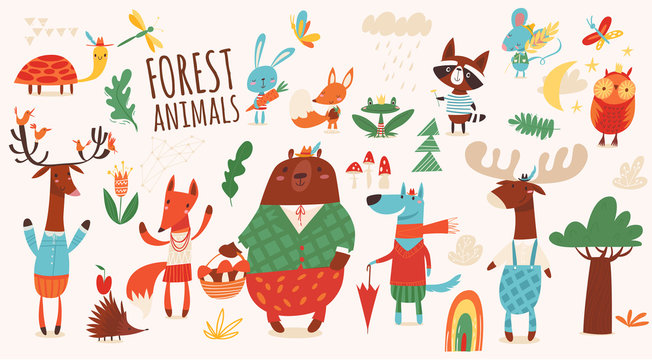 Big vector set of cartoon forest animals.