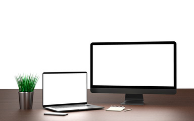 Laptop, display and smartphone with blank screen.