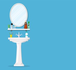 Bathroom sink with mirror, cosmetic bottles, jar of cream, liquid soap, toothpaste and toothbrush. Part of bathroom interior. Vector illustration in flat style