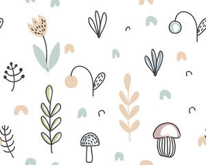 Vector seamless pattern with hand drawn berries, plants, flowers, mushrooms.