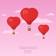Three red heart air balloons flying in the pink sky with clouds. Saint Valentine's day greeting card. Hot air balloon shape of a heart with basket. Vector illustration
