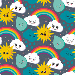 Vector seamless pattern with cute smiling sun, rainbow, cloud