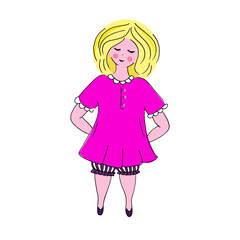 Doodle girl, hand-drawn illustration of a cute girl in a pink dress, cute doll, isolated on white background