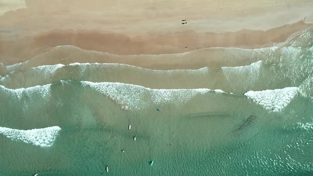 Top view of waves break on tropical white sand beach and surfers with surfing boards. Aerial drone view 4k shot of sea waves on the beautiful beach.