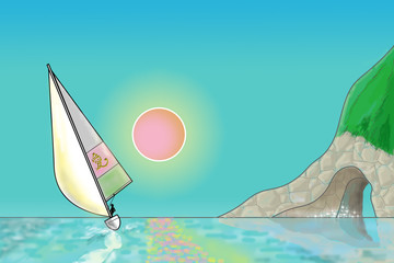 穏やかな海と大きく見える太陽、そして帆を掲げるヨットを描きました。