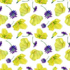 Floral seamless pattern of wild flowers painted in watercolor.