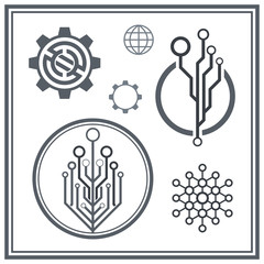 Set of technological icons and logos. Circuit elements.