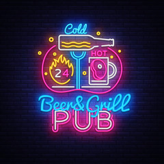 Beer Grill neon sign vector design template. Beer Night neon logo, light banner design element colorful modern design trend, night bright advertising, bright sign. Vector illustration