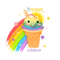 Icon of ice cream in the style of kawaii with pink cheeks. Nice print for t-shirts. Lemon ice cream. Summer design of rainbow ice cream with lemon. Children's textiles. Vector illustration. 
