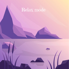 Flat vector illustration. Rest at the lake. Relax background. Vector illustration for design. Mountain screensaver. Delicate lake background for web design, computer, phone