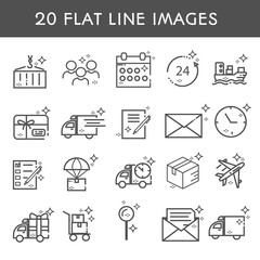 20 flat line icon. Simple icons about delivery and transportation. Truck, airplane, ship, transportation, cargo, parcel, delivery, kidney, contract, Express. Vector illustration.