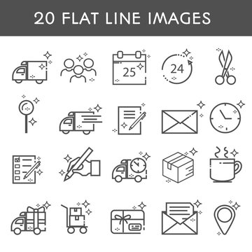 20 flat line icon. Simple icons about delivery and transportation. Truck, transportation, cargo, parcel, delivery, kidney, contract, Express. Vector illustration.