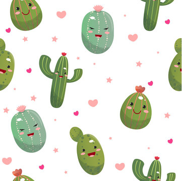 Cute cacti in the style of kawaii with pink cheeks. Emotions. Very cute baby pattern for fabric, cards, Wallpaper, design. Summer design. Applique, embroidery. Vector illustration.