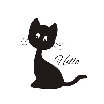Cute black cat-slogan Hello. Print for t-shirts and textiles. Sticker. Vector illustration.