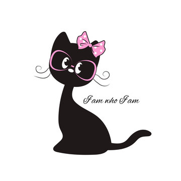 Cute black cat with a pink bow and glasses-slogan Hello. Print for t-shirts and textiles. Sticker. Vector illustration.