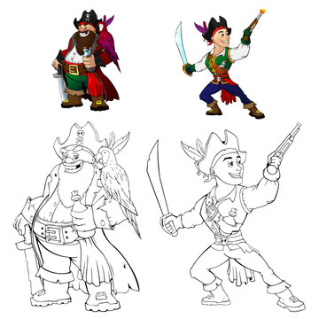 Coloring set of cartoon pirates. Coloring book for kids.