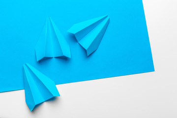 Group of paper planes  on blue background. Business for new ideas creativity and innovative solution concepts