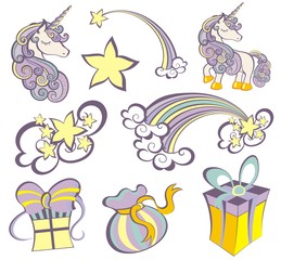 Set of beautiful unicorns with pop art elements
