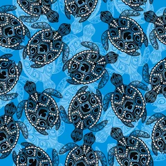 Crédence de cuisine en verre imprimé Mer Modèle sans couture avec tortue, bannière avec tortues
