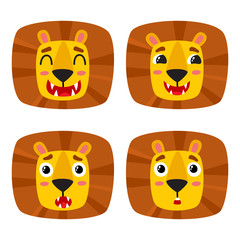 Cute cartoon set of lion face expression isolated on white