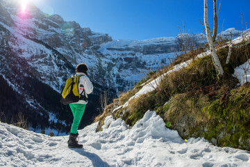 woman hiker in the Cirque of Gavarnie, France