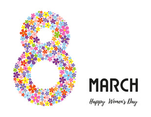 Happy women`s day. Floral number 8. Greeting card for 8 March. Banner, flyer, postcard. Simple color flowers.
