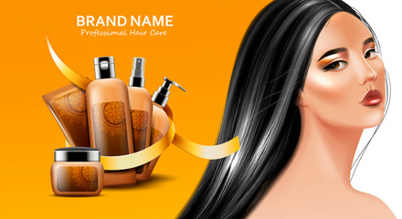 Background with professional hair care products and beautiful asian model with long dark hair