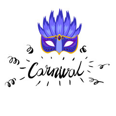 Carnival hand drawn lettering and mask for Brasil carnaval, Mardi Gras, Spain carnival masquerade festival concept for celebration template poster, banner, logo, icon, printing. Vector isolated