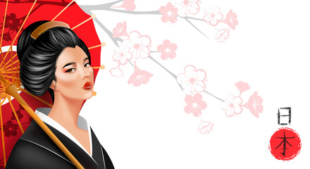 Background with beautiful geisha girl, sakura and umbrella