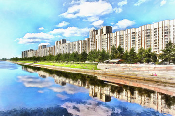 Multistorey buildings of Novosmolenskaya Embankment on the river Smolenka