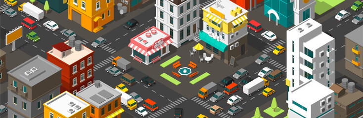 Vector isometric city horizontal banner. Cartoon town district. Street Intersection road 3d. Very high detail projection. Cars end buildings top view.