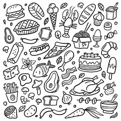 Black and white food poster. Hand-drawn illustration with many different dishes. Vector set with vegetables, burgers, noodle, fruits, meat, and seafood.