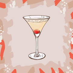 Casino Contemporary classic cocktail illustration. Alcoholic bar drink hand drawn vector. Pop art isolated sketch style menu item.