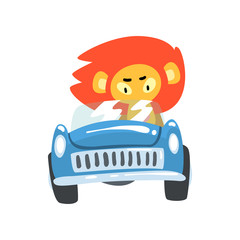 Lion Driving Blue Car, Wild Animal Character Using Vehicle Vector Illustration