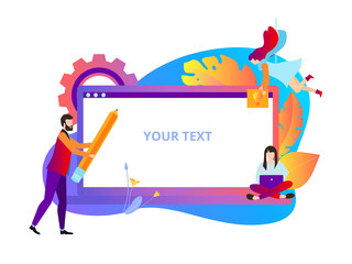 Colorful background with laptop and people creating website.