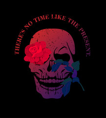 Colorful skull with red rose flower. T-shirt print, design for youth, teenagers.
