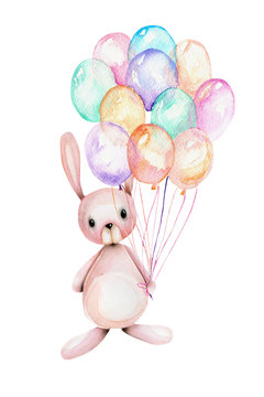 Watercolor cute rabbit and air balloons illustrations, hand drawn isolated on a white background, card template