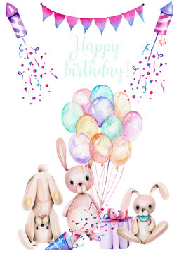 Birthday card template with watercolor festive rabbits, hand drawn illustration