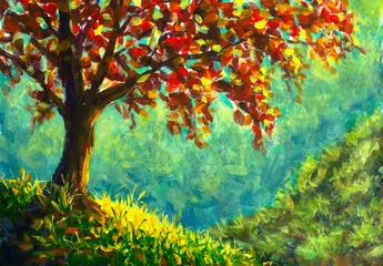 Original Ölgemälde auf Leinwand. Herbstbaum auf sonniger Berglandschaft. Moderne Kunst. © weris7554