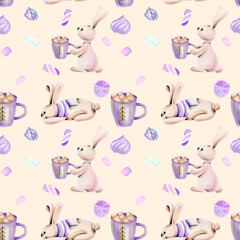 Seamless pattern with watercolor cute rabbits and marshmallow, hand drawn on a pink background