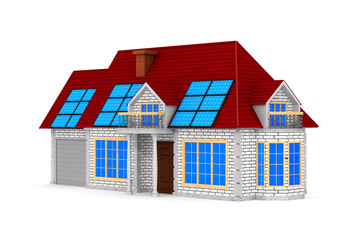 solar battery and house on white background. Isolated 3d illustration